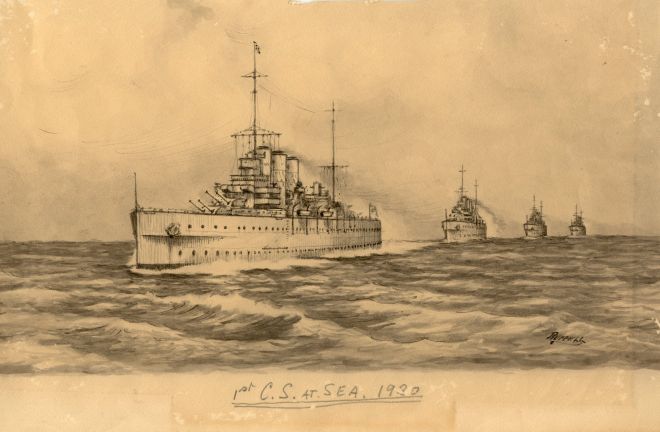 HMS London album. Commission 1929-1931. First Cruiser Squadron, London, Sussex, Shropshire, and Devonshire, at sea, 1930